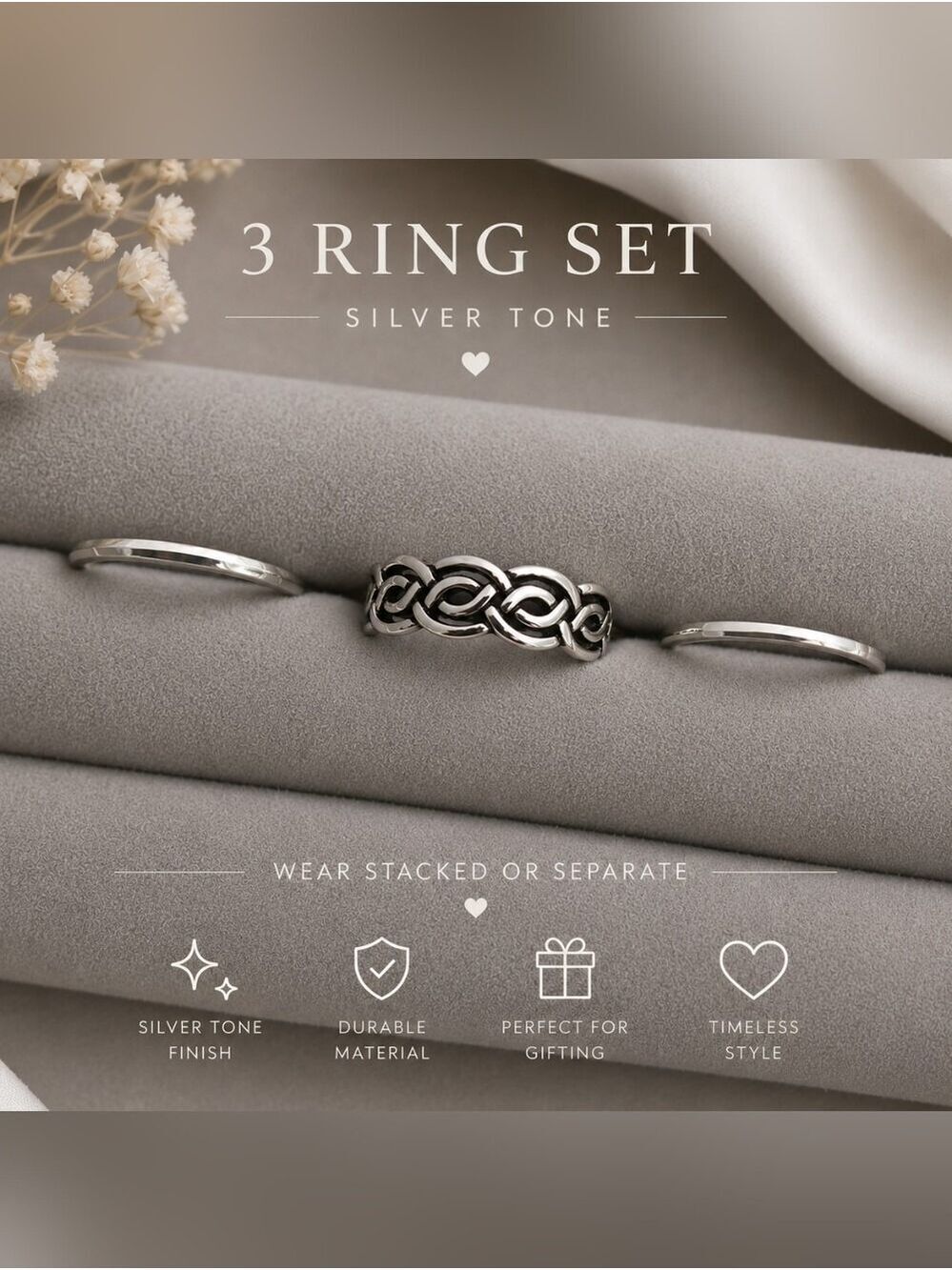 Silver Tone 3-Ring Set — Women’s Interwoven Ring Trio